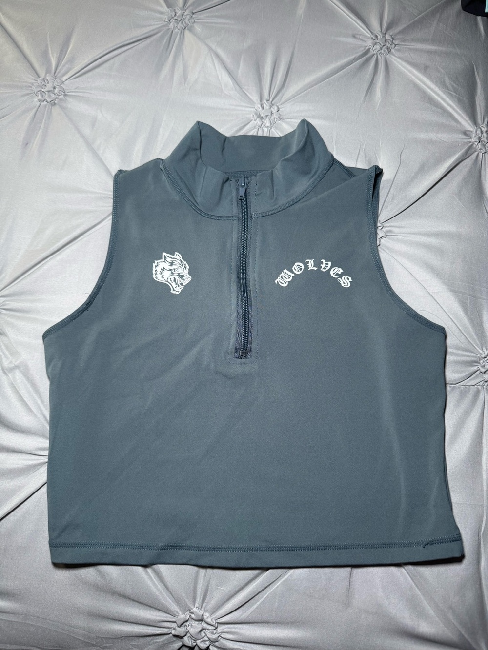 Wolves Sleeveless Zip-Front Crop Top - Charcoal